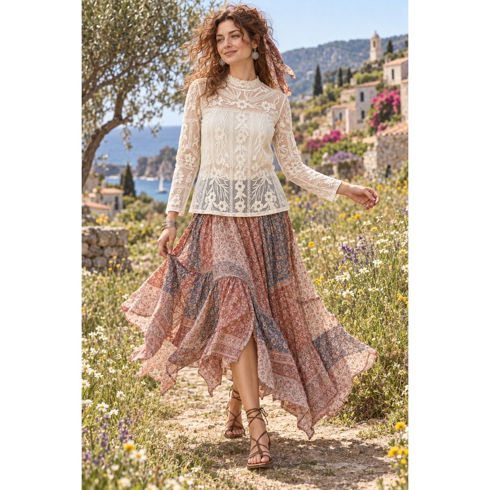Sundance Sheer Mesh Floral Embroidered Mock Neck Blouse Cream Large Boho Top